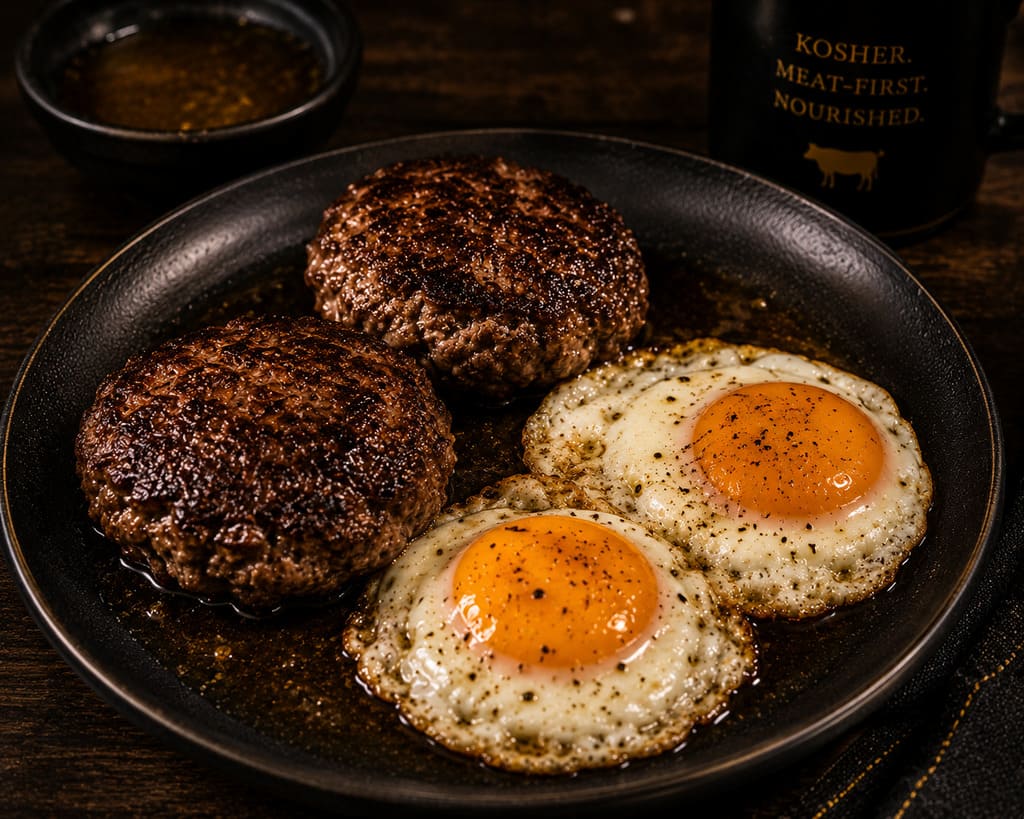 Burger patties and eggs protein-focused ketovore meal