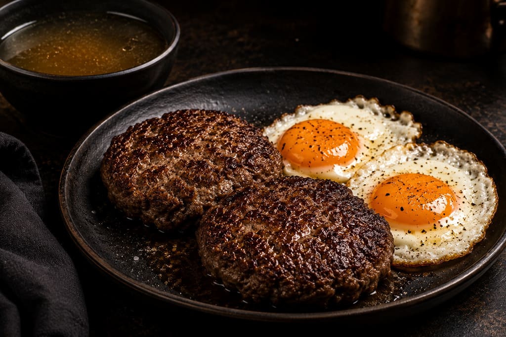 Kosher carnivore reset meal with burger patties eggs and bone broth for appetite control