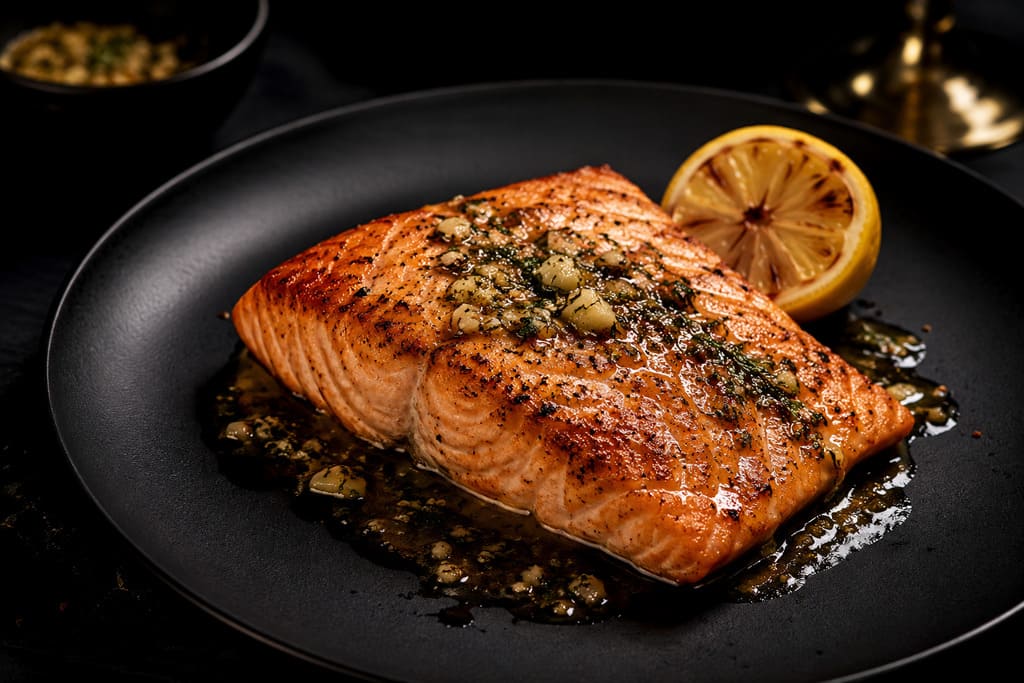 Kosher salmon low-carb meal with herbs and olive oil