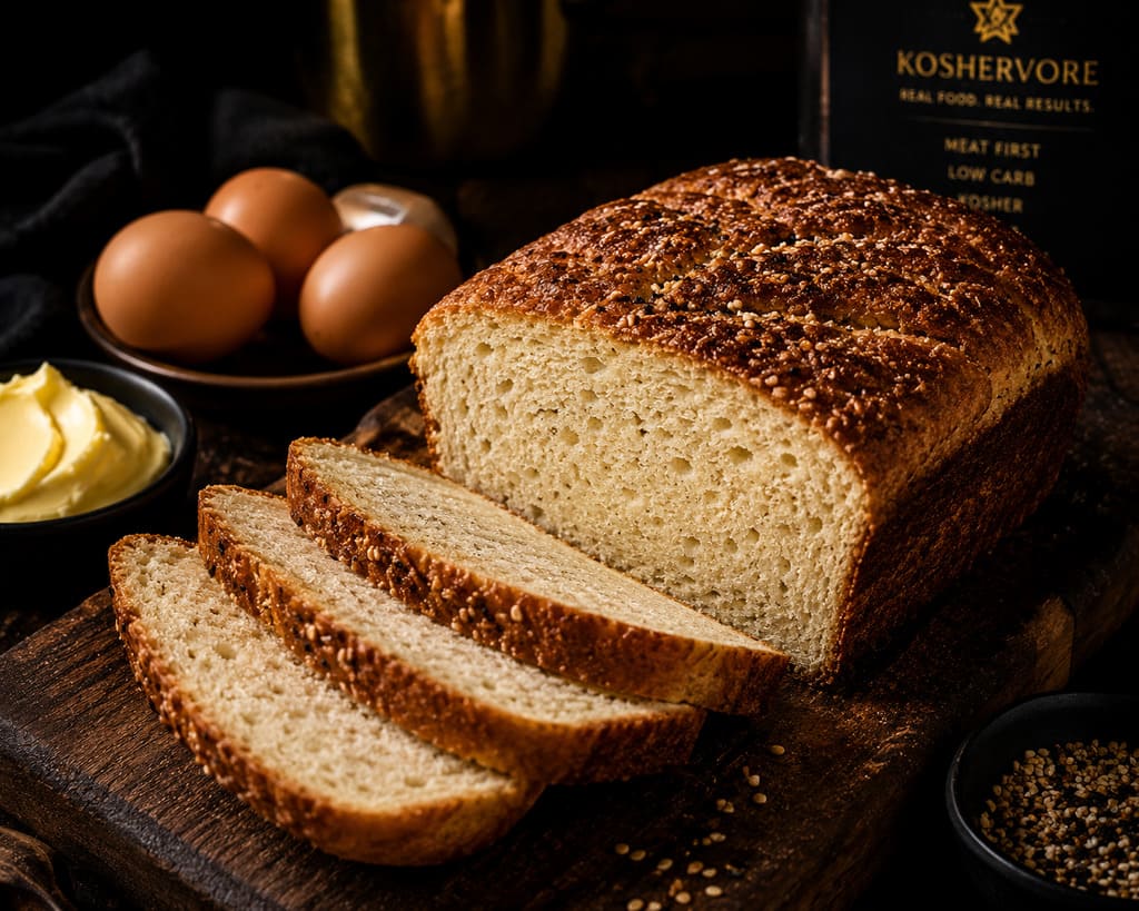 Kosher keto bread loaf sliced on wooden board