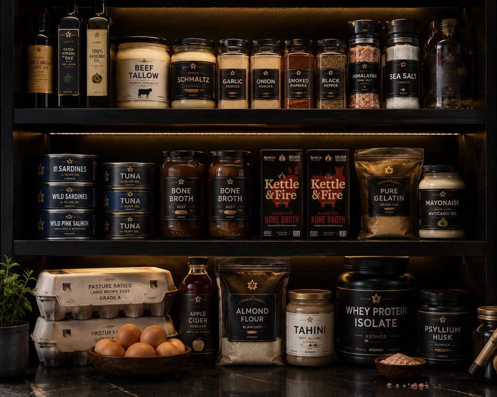 Kosher low-carb pantry setup with simple ingredients
