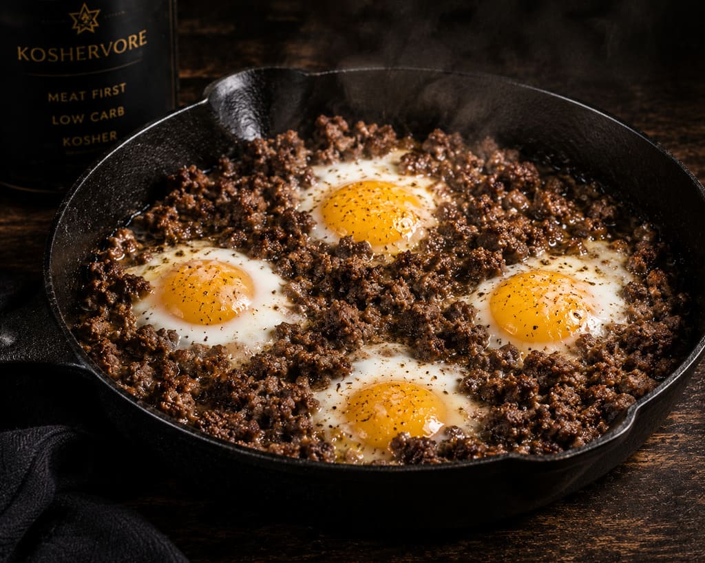 Simple kosher skillet meal with ground beef and eggs