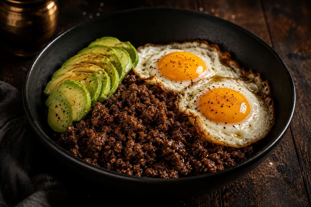 Simple kosher low-carb ground beef bowl with eggs