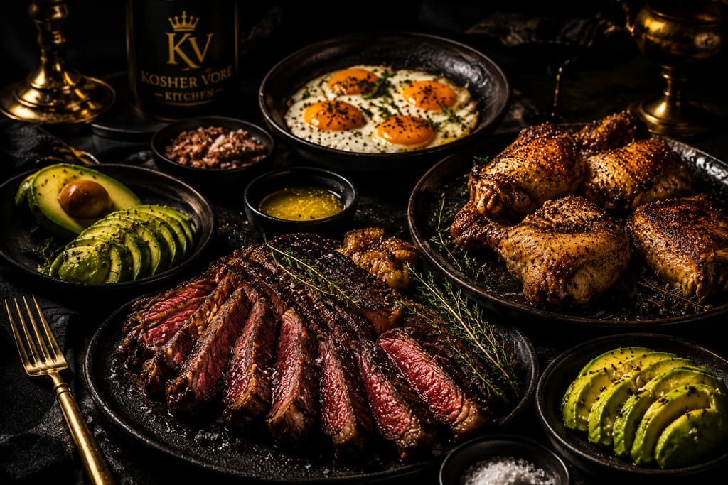 Candlelit kosher steak and eggs dinner with luxury steakhouse styling