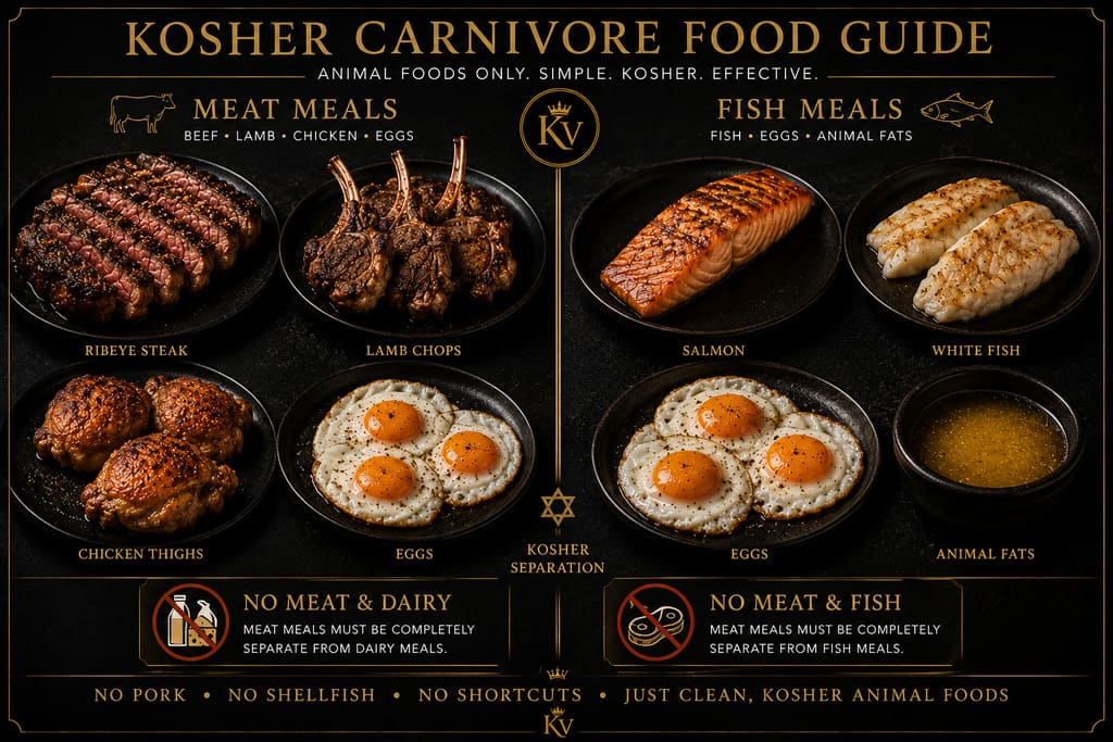 Kosher carnivore food guide showing separate meat meals and fish meals