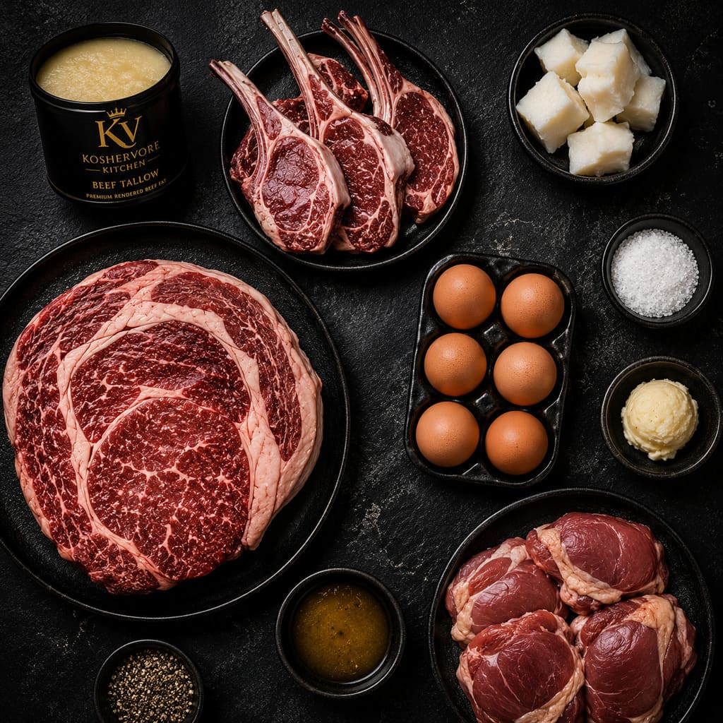 Top-down kosher carnivore ingredients with ribeye lamb chops eggs and beef tallow