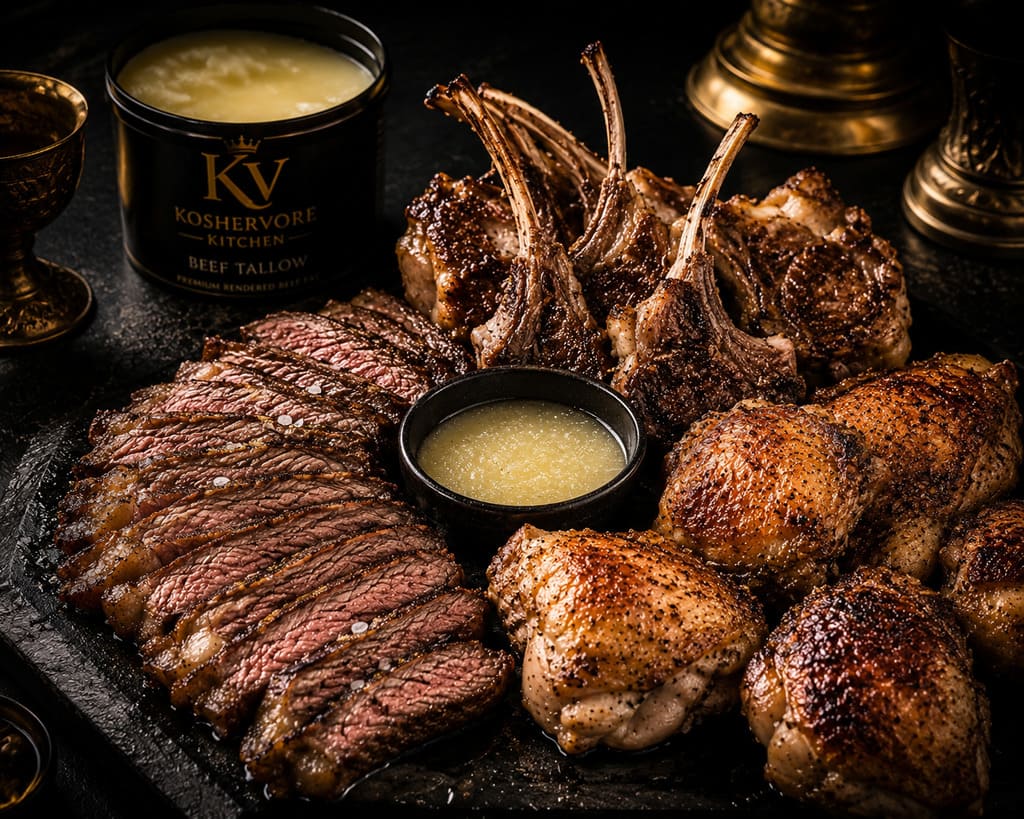 Kosher carnivore meat board with steak lamb chops and chicken thighs