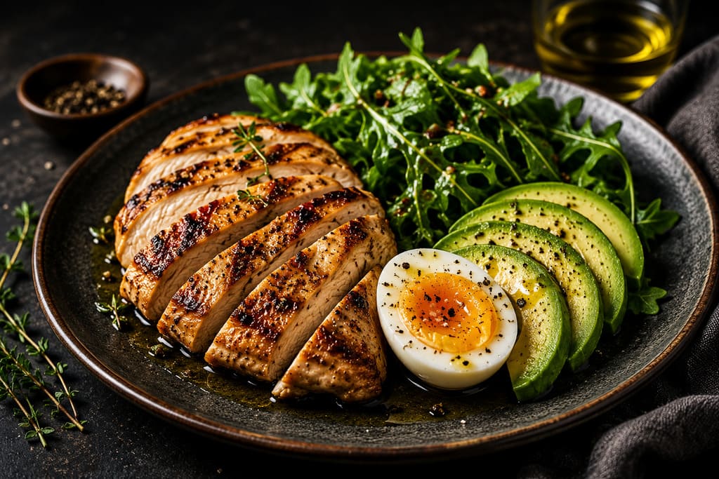 Kosher keto chicken with avocado and soft boiled egg