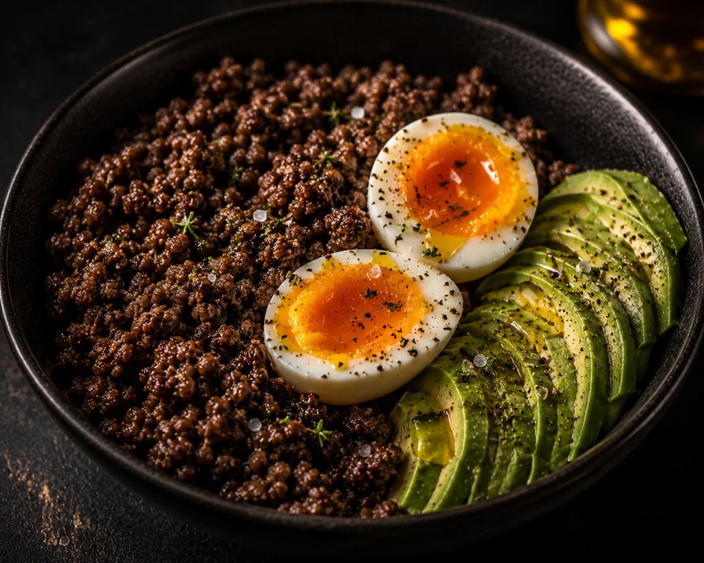 Kosher ketovore ground beef bowl with eggs and avocado