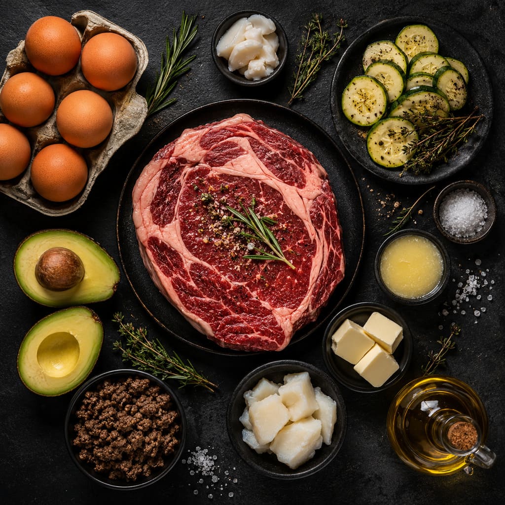Top-down ketovore ingredients with ribeye steak, eggs, avocado, and zucchini