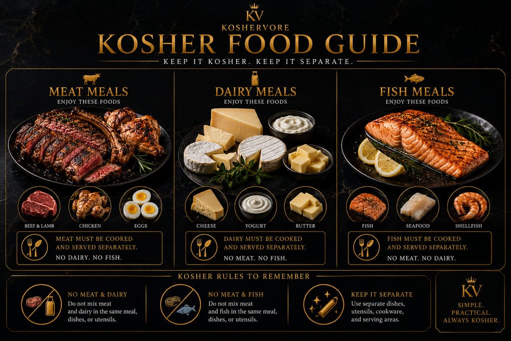 Kosher food guide showing meat dairy and fish separation