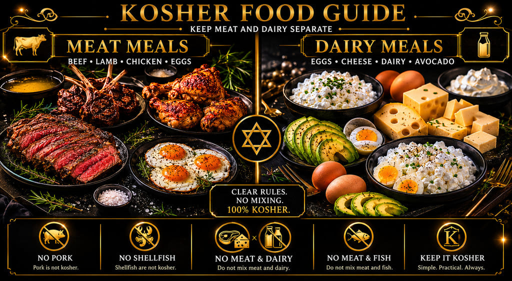 Kosher food guide showing meat meals and dairy meals kept separate