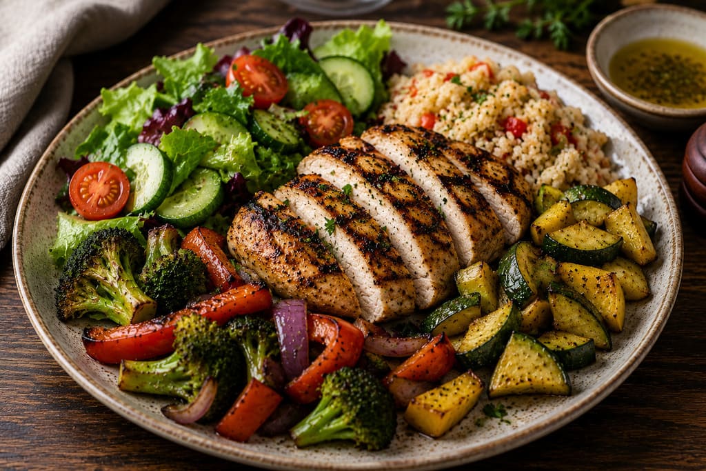 Low-carb kosher grilled chicken with vegetables and salad
