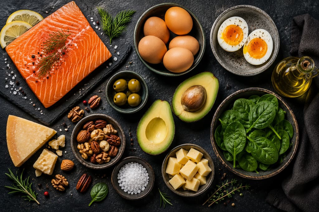Low-carb salmon eggs avocado and spinach flat lay