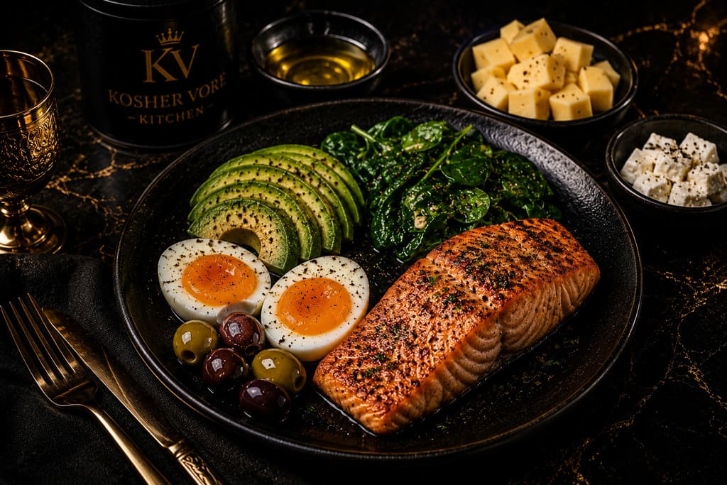 Kosher keto salmon meal with eggs avocado olives and spinach