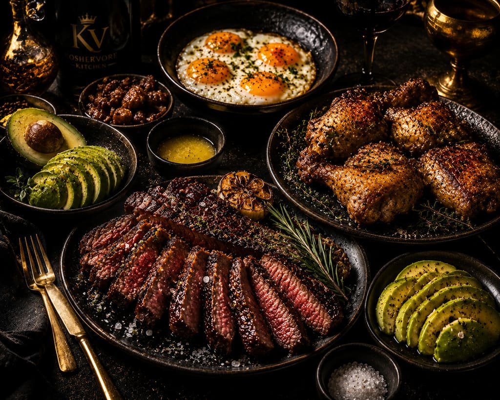 Luxury kosher ketovore feast with steak chicken eggs and avocado