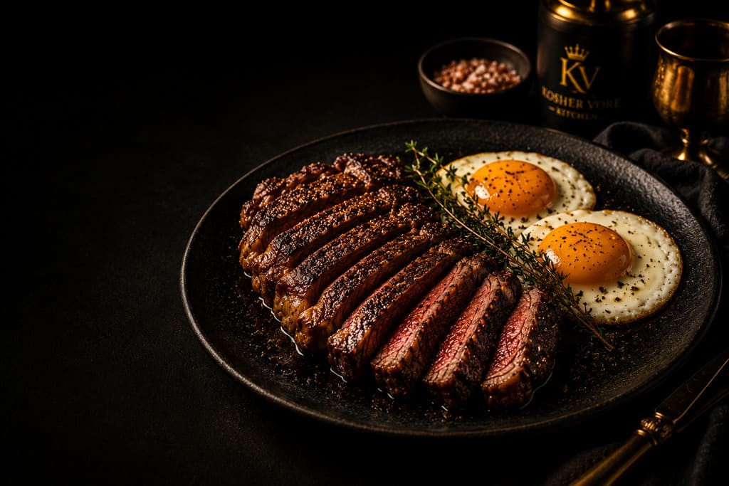 Luxury ribeye steak and eggs on dark ceramic plate