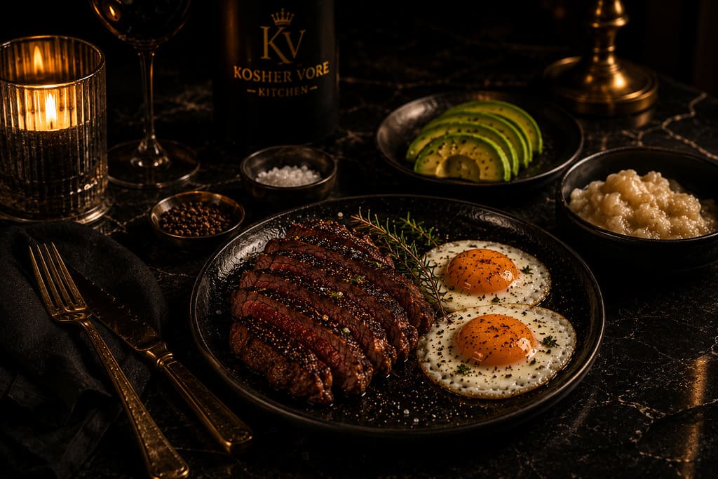Luxury kosher steak and eggs dinner with avocado on black table
