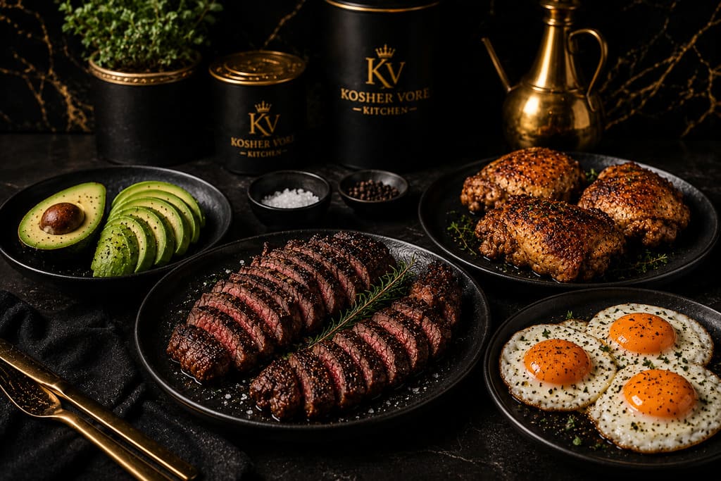 Modern kosher ketovore meal with steak, chicken, eggs and avocado
