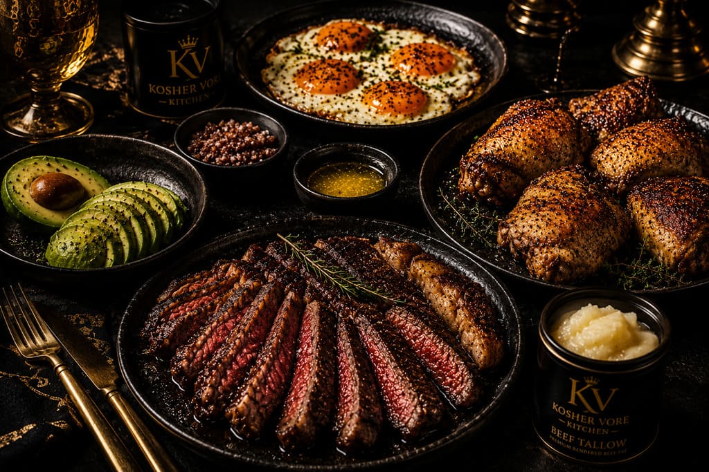 Premium kosher ketovore feast with steak, eggs and chicken thighs