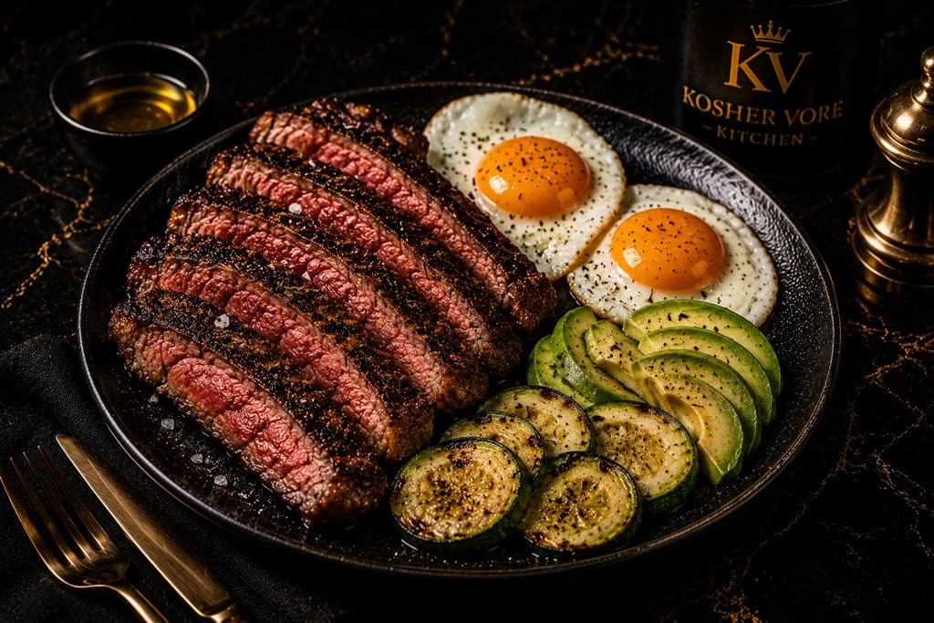 Kosher ketovore ribeye steak with eggs avocado and zucchini