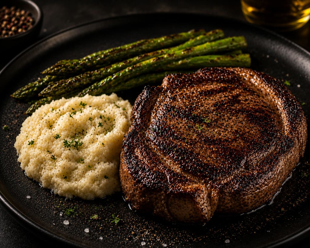 Kosher ribeye steak with cauliflower mash and asparagus on black plate