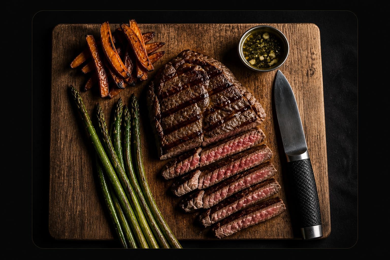 Kosher low-carb ribeye steak sliced on a dark plate