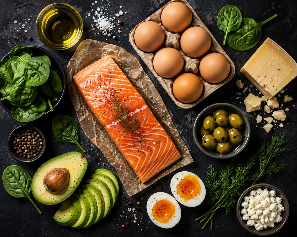 Kosher low-carb salmon eggs avocado spinach cheese and olives flat lay