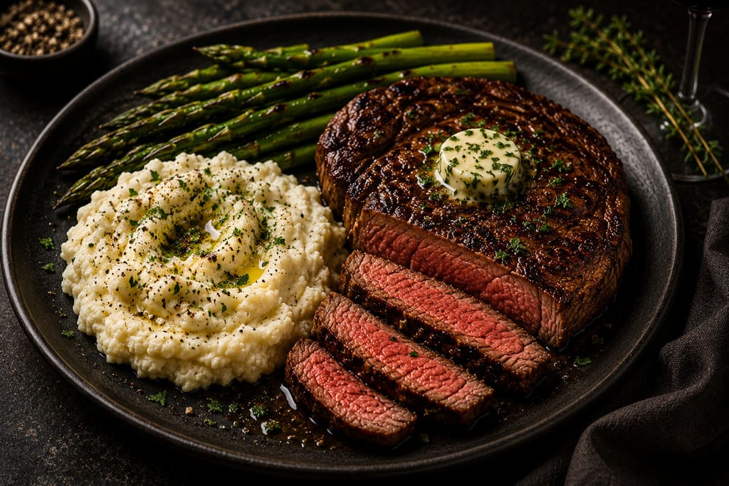 Kosher steak with cauliflower mash and asparagus