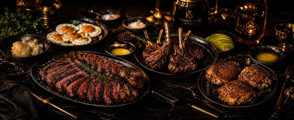 Wide cinematic kosher feast with steak, lamb chops and chicken thighs